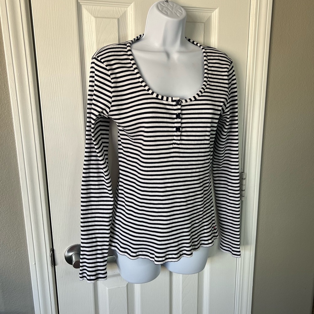 La ligne striped cotton Y2K Henley French white black round neck size XLarge